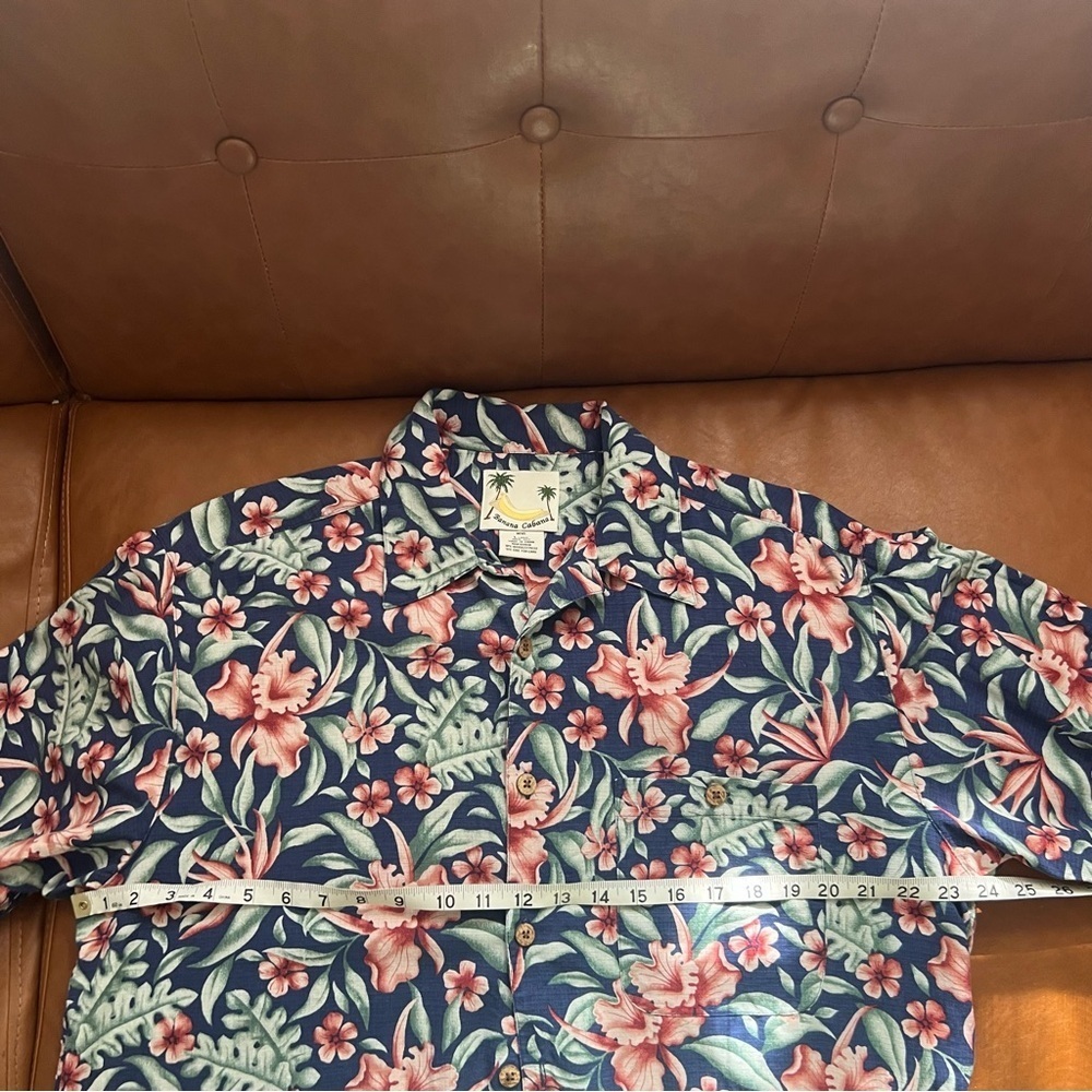 Banana Cabana Men's Sz L 100% Silk Tropical Hawaiian Shirt Navy and Pinky Peach - Picture 7 of 8